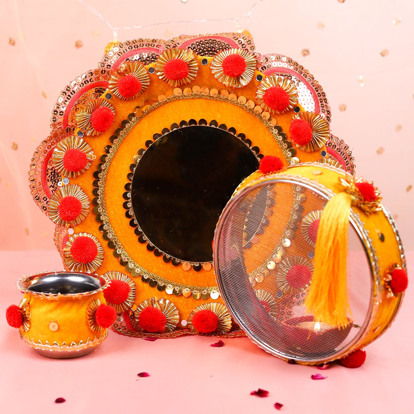Karwa Chauth Thali Set | Yellow and Mirror Finish