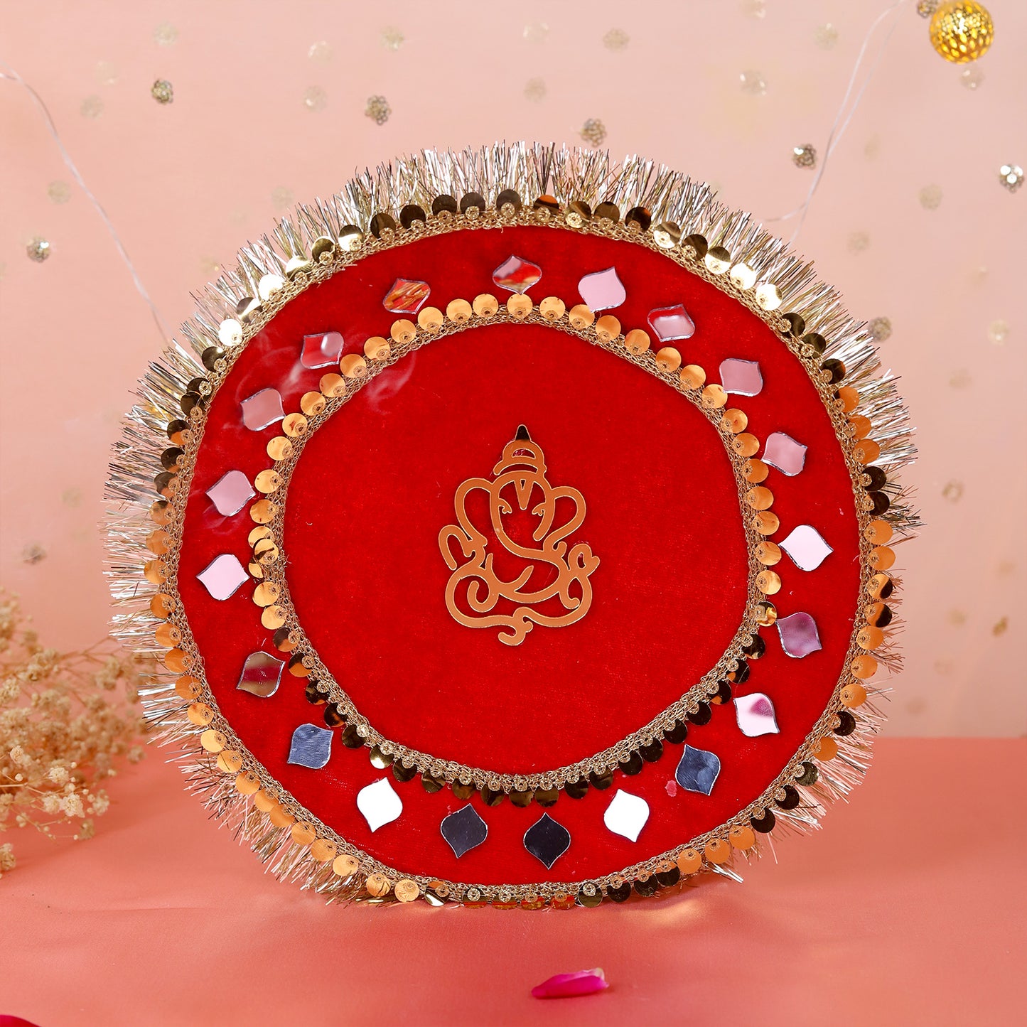 Red Ganesha Karwa Chauth Thali Set | Steel Thali Channi Kalash