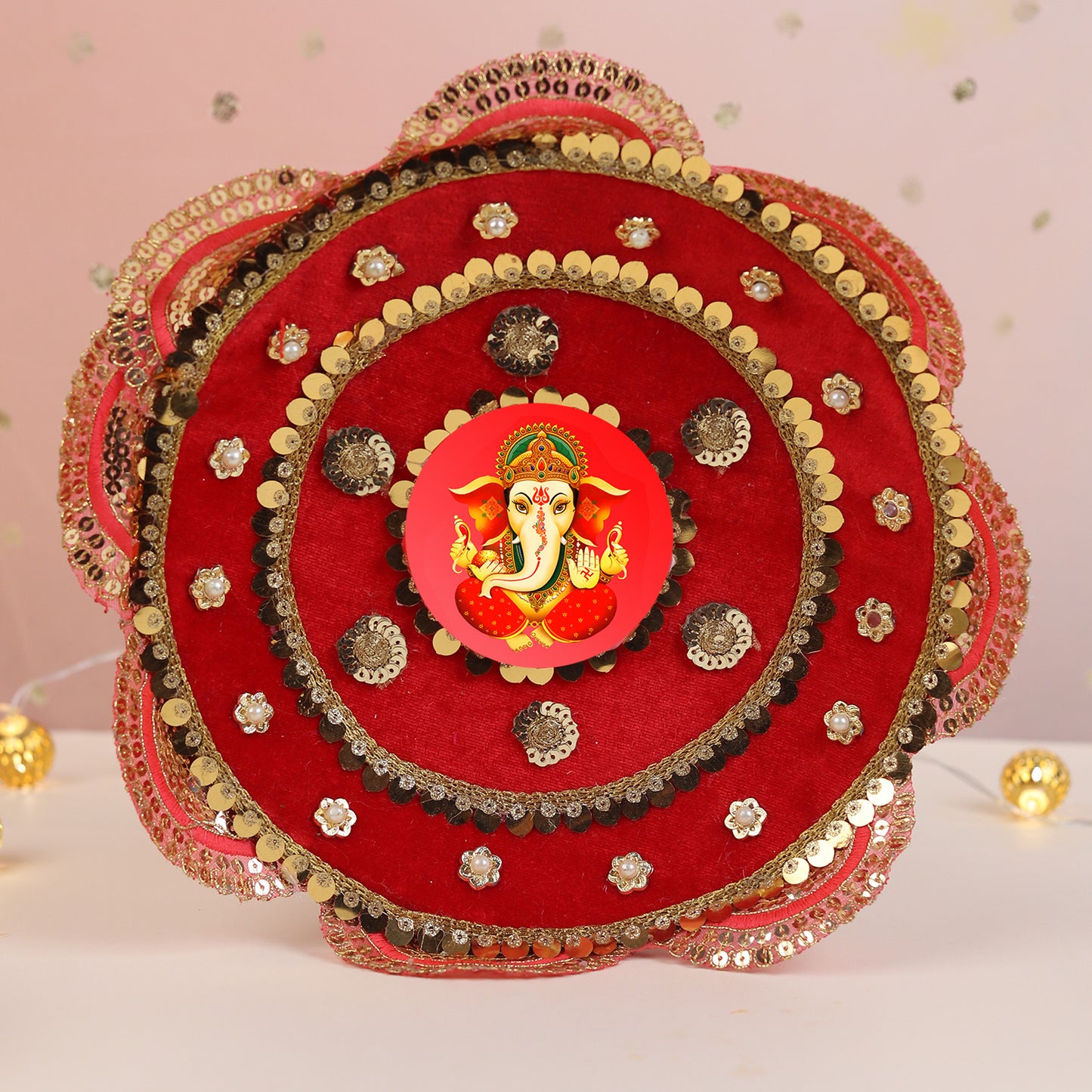 Blessings in Red Ganesha-Themed Karwa Chauth Thali Set | Steel Thali