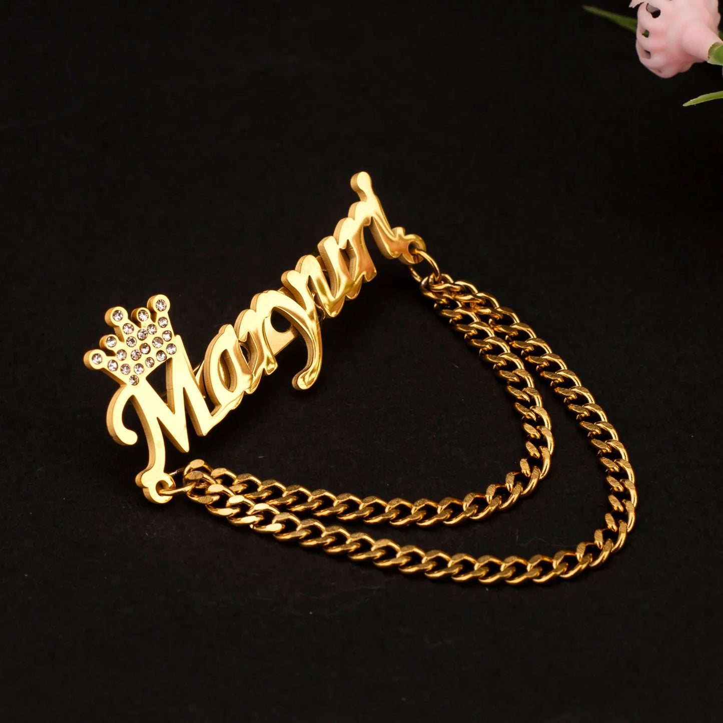 Moskai Personalized Crown Name Brooch with Chain