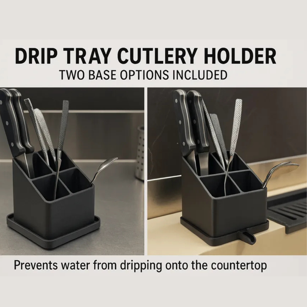 3D Printed Cutlery Holder with Water Drainage | Kitchen Organizer | Eco-Friendly 3-PLA Material