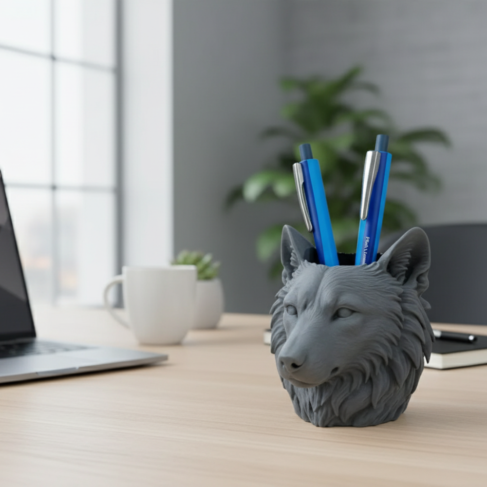 3D Grey Wolf Face Pen Stand | Unique Stationery Gift | Moskai Cool Desk Collection | Eco-Friendly