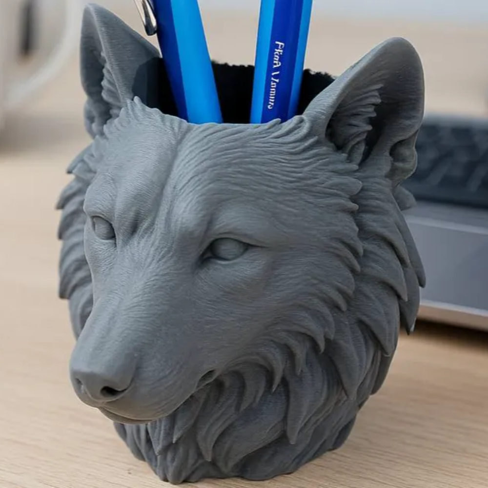 3D Grey Wolf Face Pen Stand | Unique Stationery Gift | Moskai Cool Desk Collection | Eco-Friendly