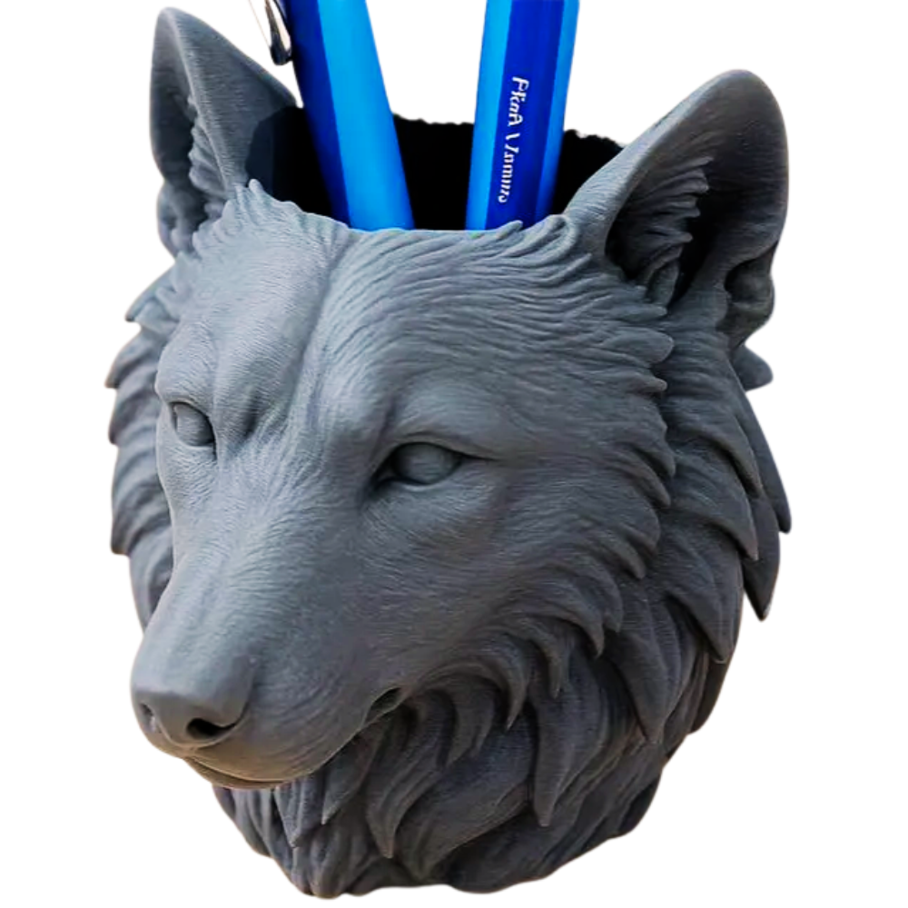 3D Grey Wolf Face Pen Stand | Unique Stationery Gift | Moskai Cool Desk Collection | Eco-Friendly