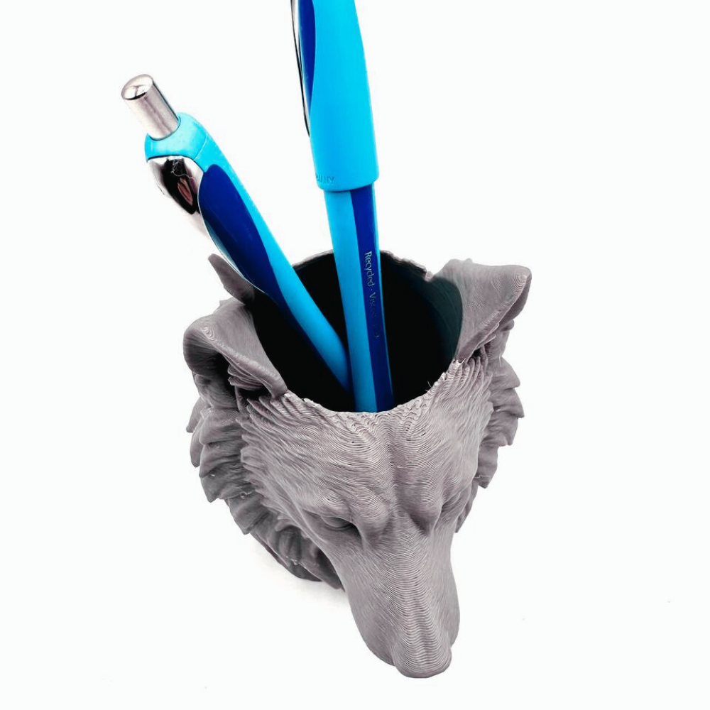 3D Grey Wolf Face Pen Stand | Unique Stationery Gift | Moskai Cool Desk Collection | Eco-Friendly