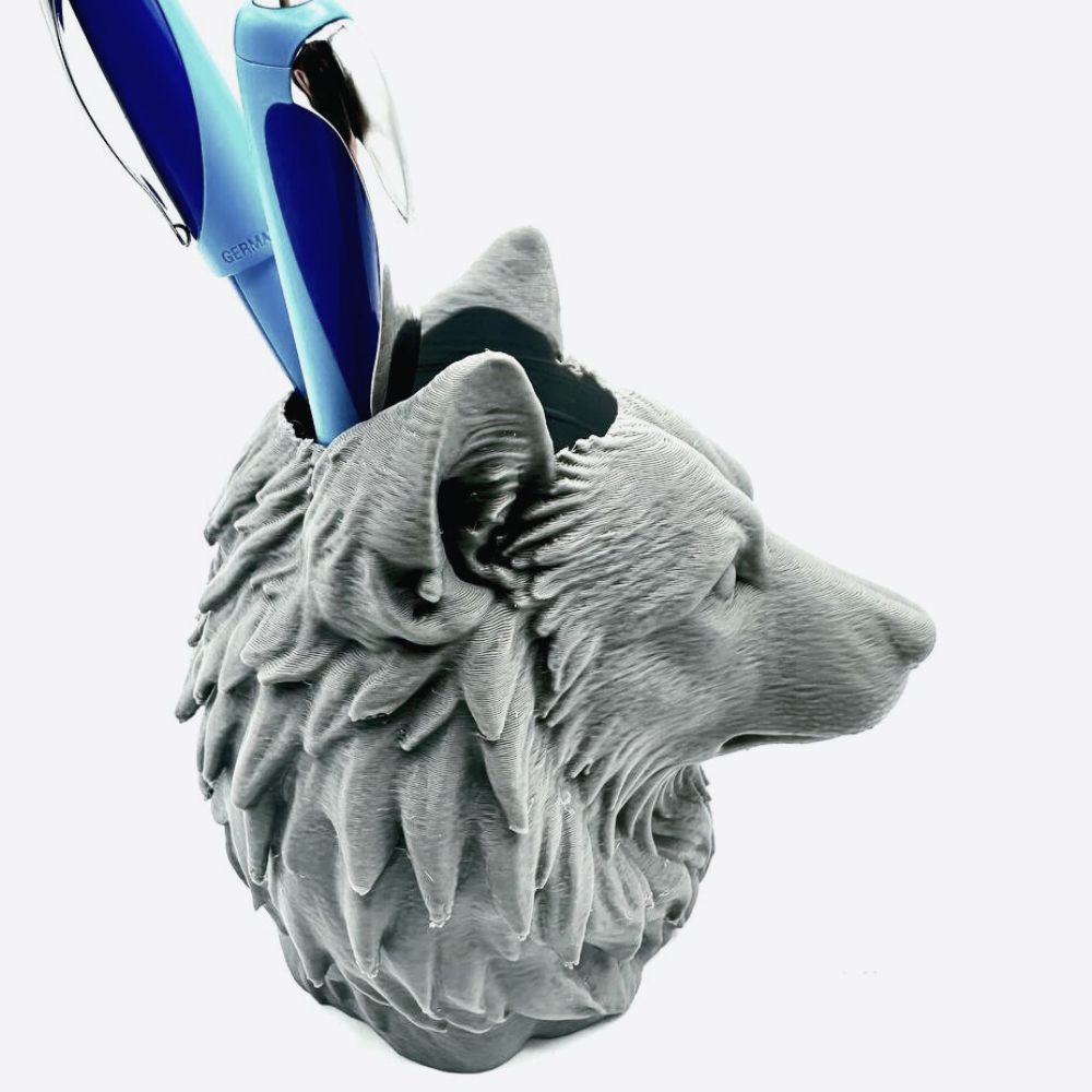 3D Grey Wolf Face Pen Stand | Unique Stationery Gift | Moskai Cool Desk Collection | Eco-Friendly