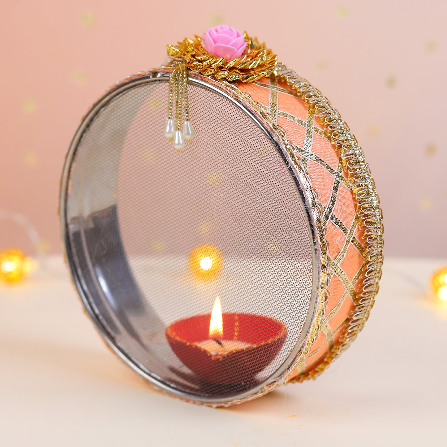 Orange Chequered Karwa Chauth Thali Set | Steel Thali