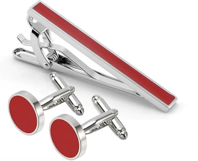 Moskai Red Enamel Cufflinks and Tie Clip Set for Men