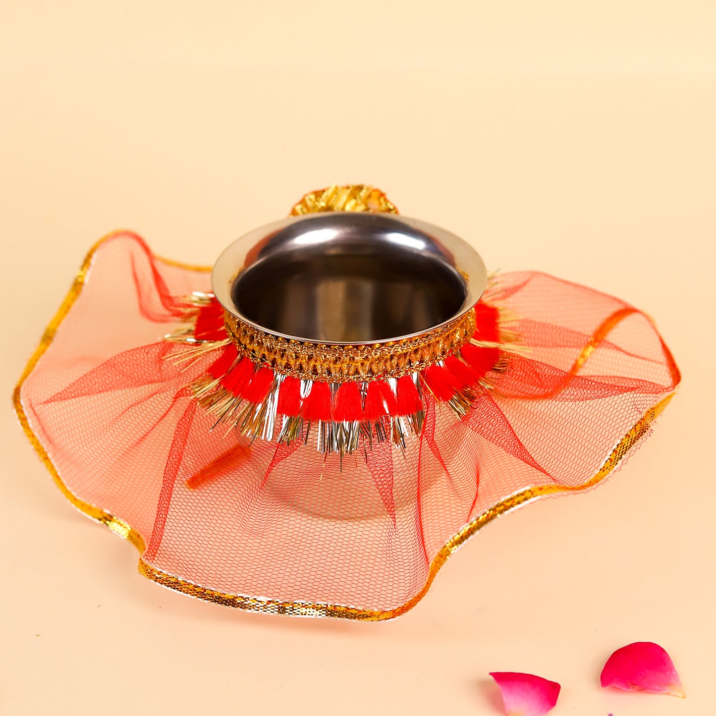 Karwa Chauth Thali Set Red and Golden | Steel Pooja Thali