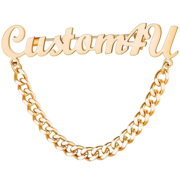 Custom Name Brooch Pin with Chain – Personalized Gold Plated Name Badge for Men & Women