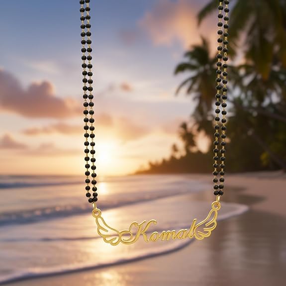 Moskai Personalized Name Mangalsutra – Wings Design Gold Plated Black Beads Necklace