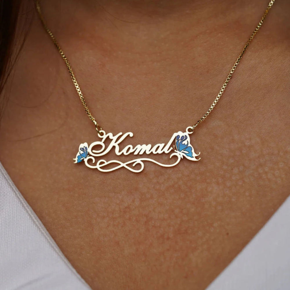 Moskai Blue Butterfly Enamel Custom Name Pendant | Personalized Necklace for Her