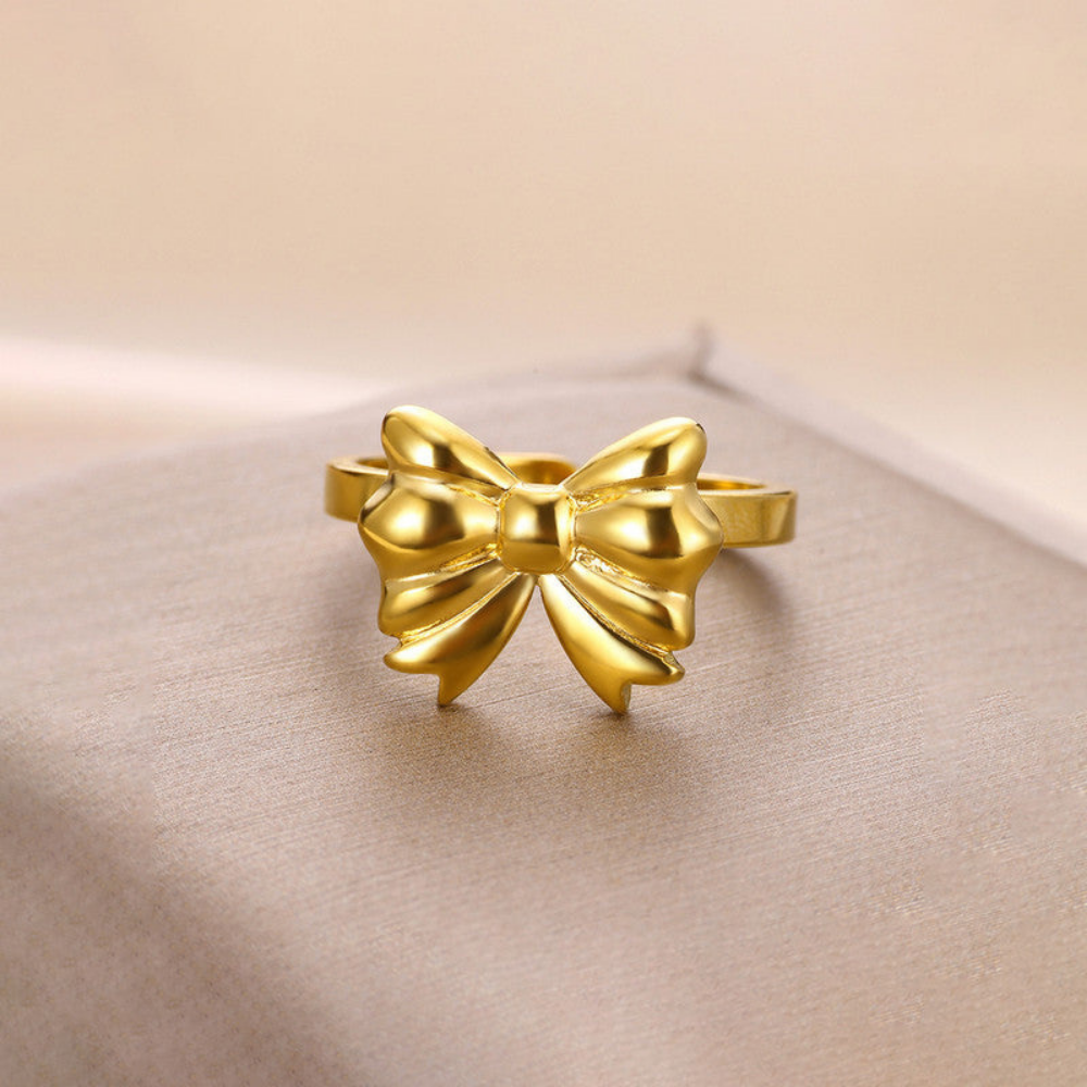 MOSKAI Gold Plated Bow Themed Adjustable Ring | Stainless Steel Anti Tarnish Jewelry