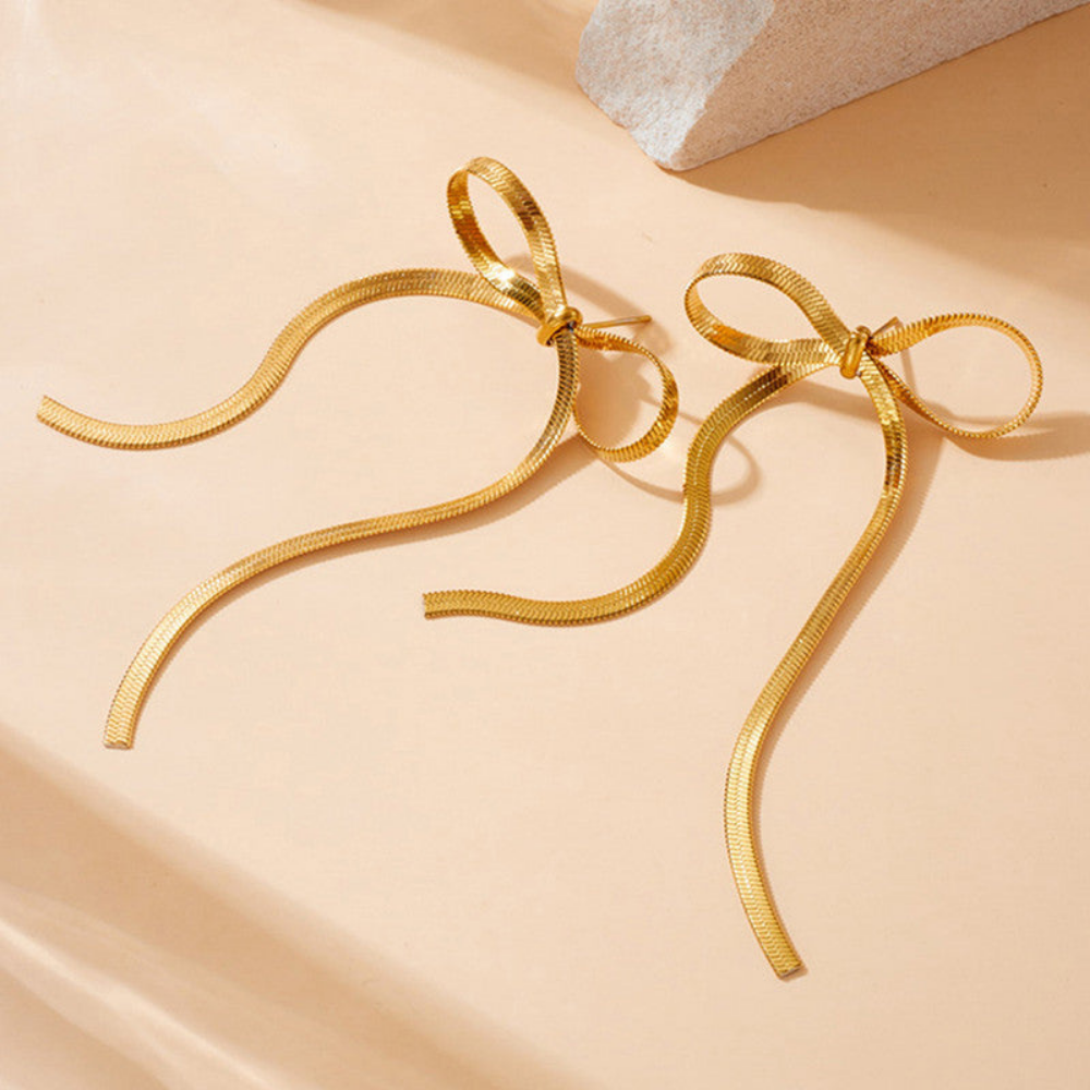 MOSKAI Gold Finish Bow Earrings | Elegant Fashion Jewelry