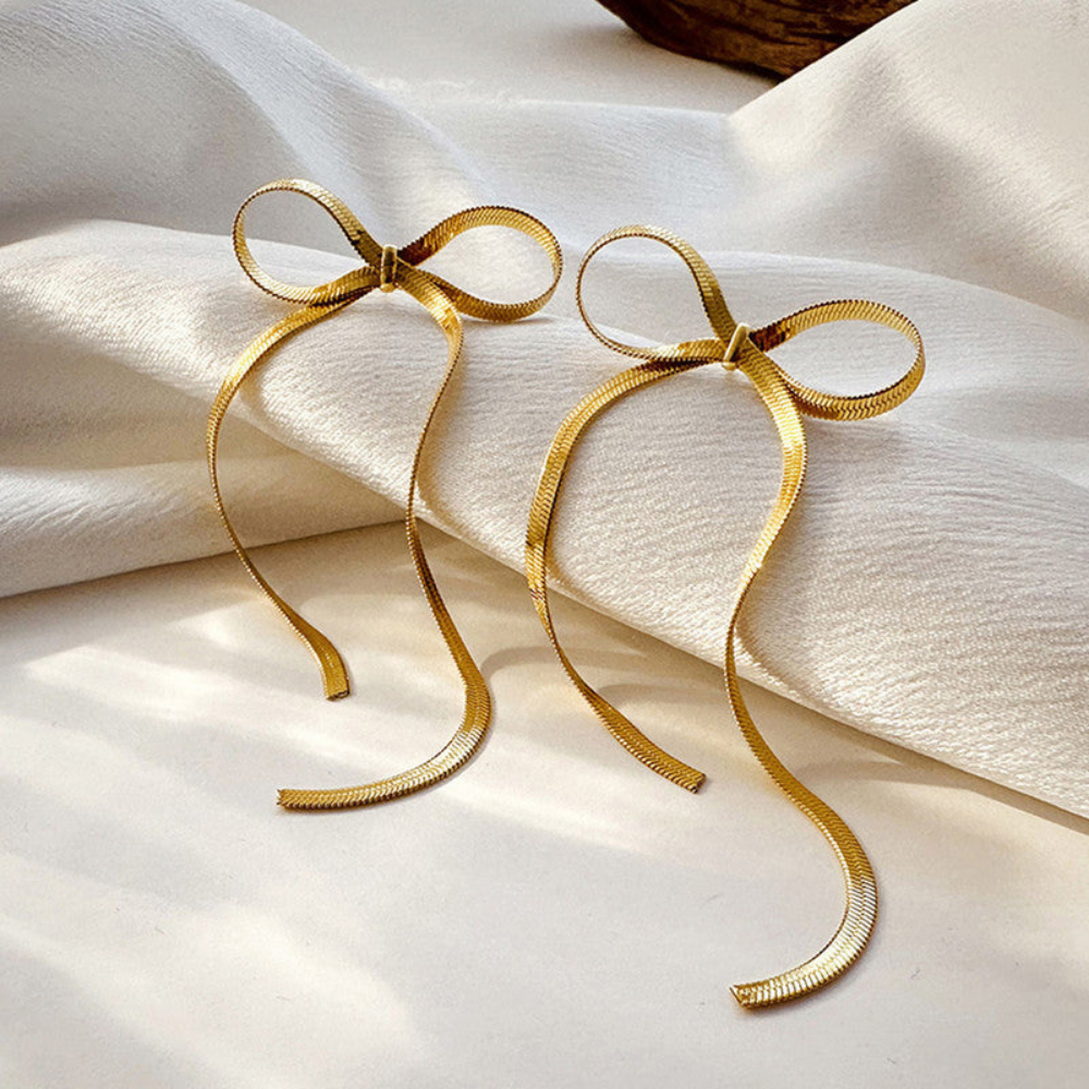 MOSKAI Gold Finish Bow Earrings | Elegant Fashion Jewelry