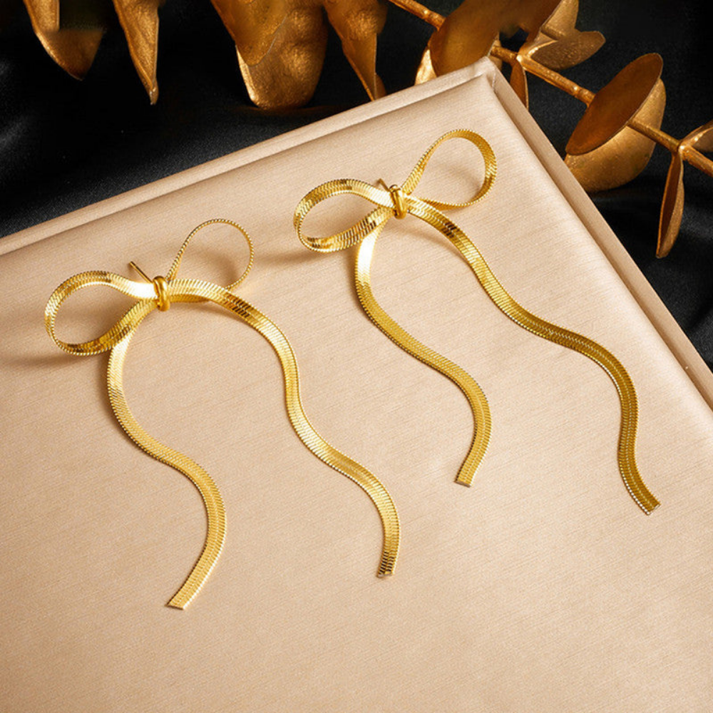 MOSKAI Gold Finish Bow Earrings | Elegant Fashion Jewelry