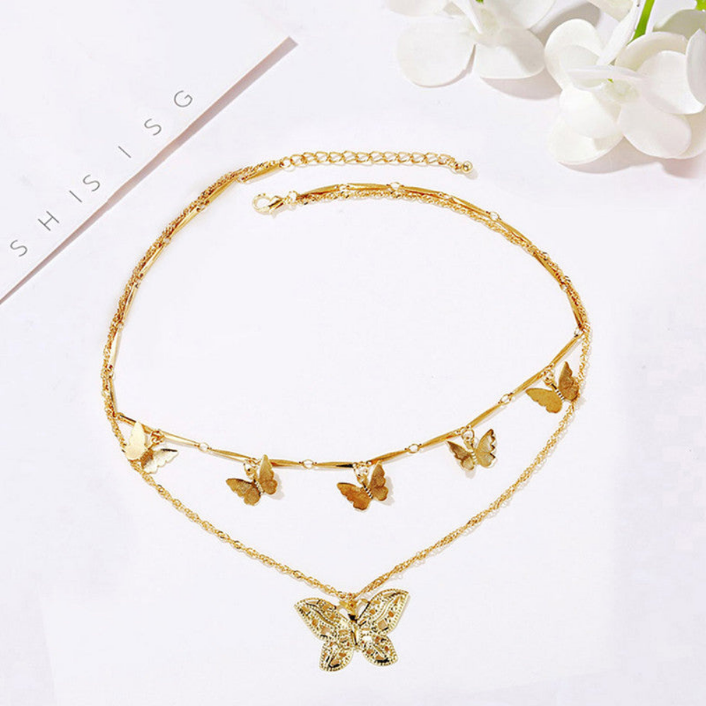 MOSKAI Gold Plated Butterfly Inspired Layered Necklace | Anti Tarnish Fashion Jewelry