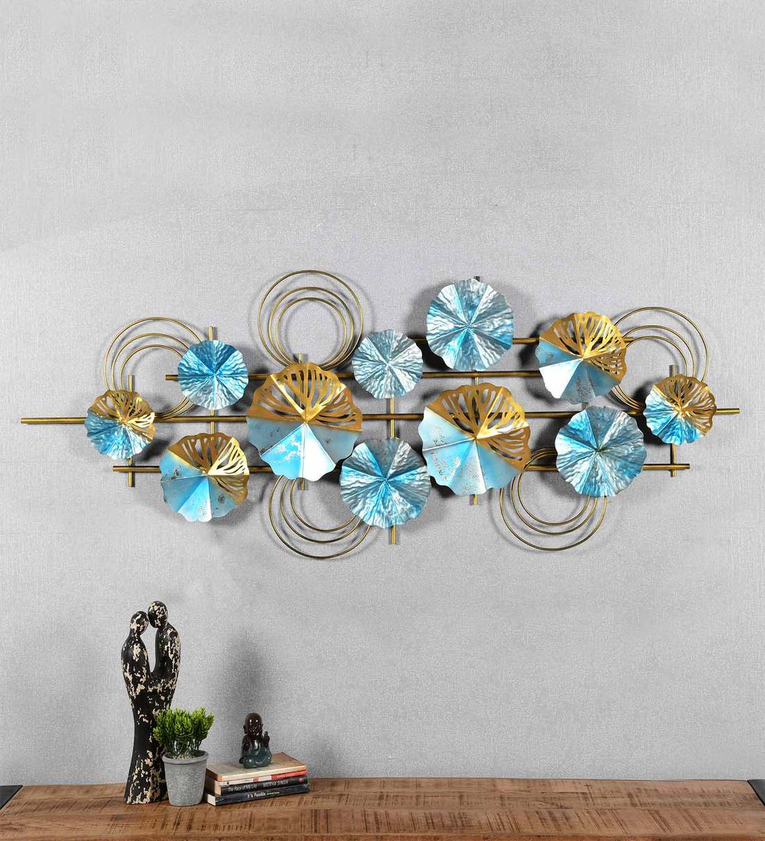 Moskai Iron Blue Boom Round Plates Wall Art | Luxurious Gold Finish