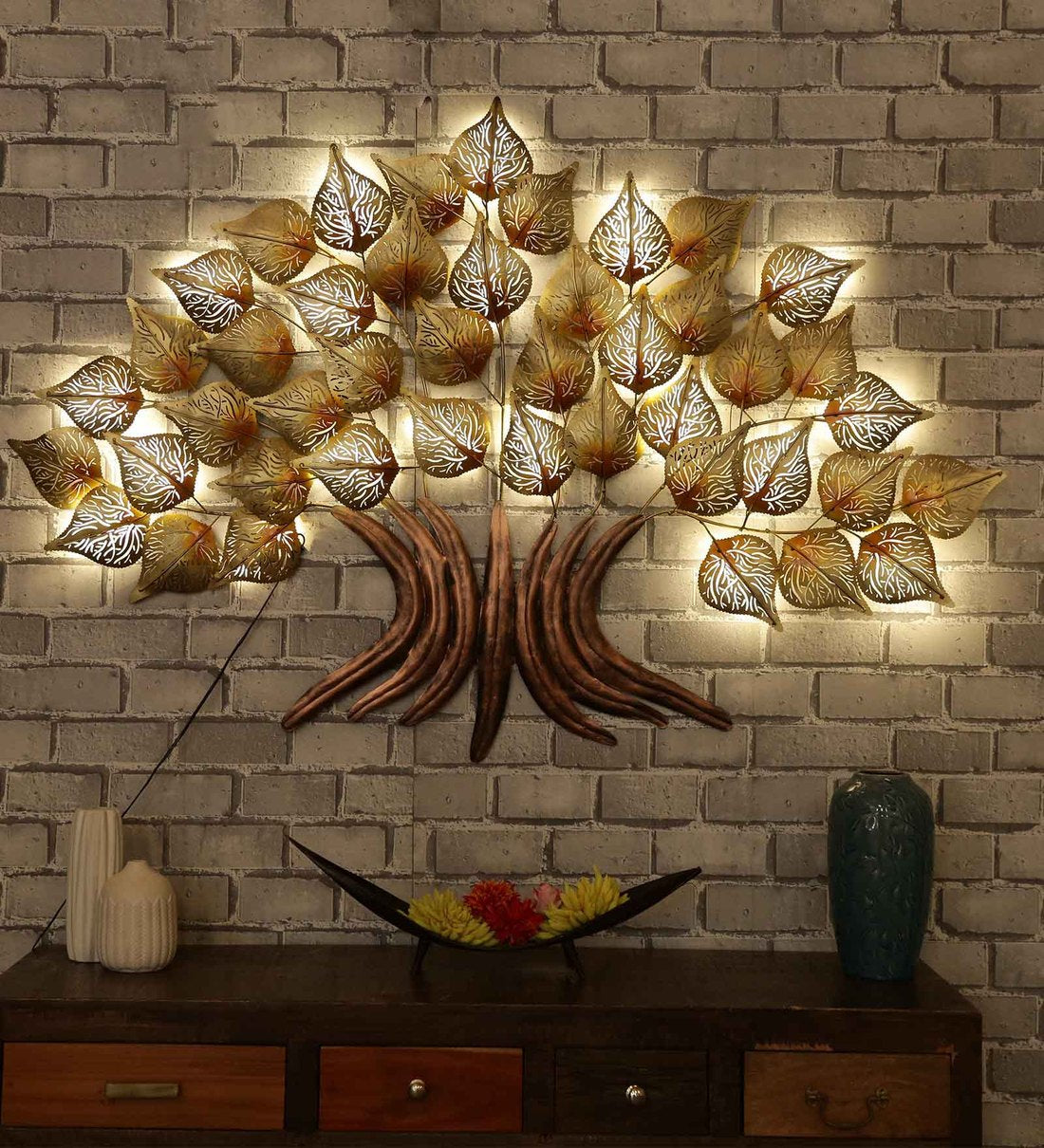 Moskai LED Metal Tree Wall Hanging – Handcrafted Golden Iron Tree Wall Decor