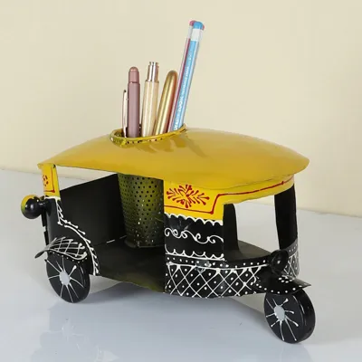 Mosaki Handcrafted Auto Rickshaw Showpiece with Pen Stand Organizer