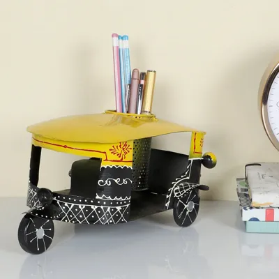 Mosaki Handcrafted Auto Rickshaw Showpiece with Pen Stand Organizer