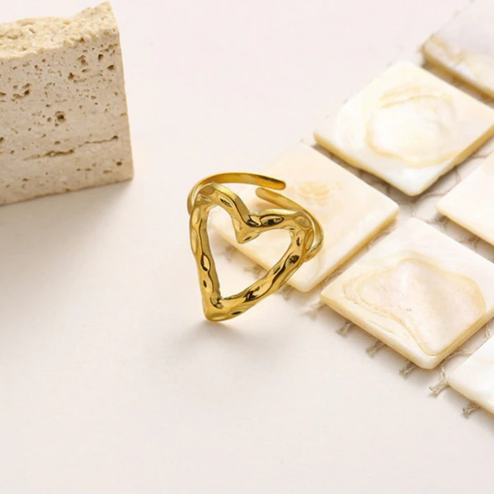 MOSKAI Gold Plated Heart Themed Adjustable Ring | Stainless Steel Anti Tarnish Jewelry