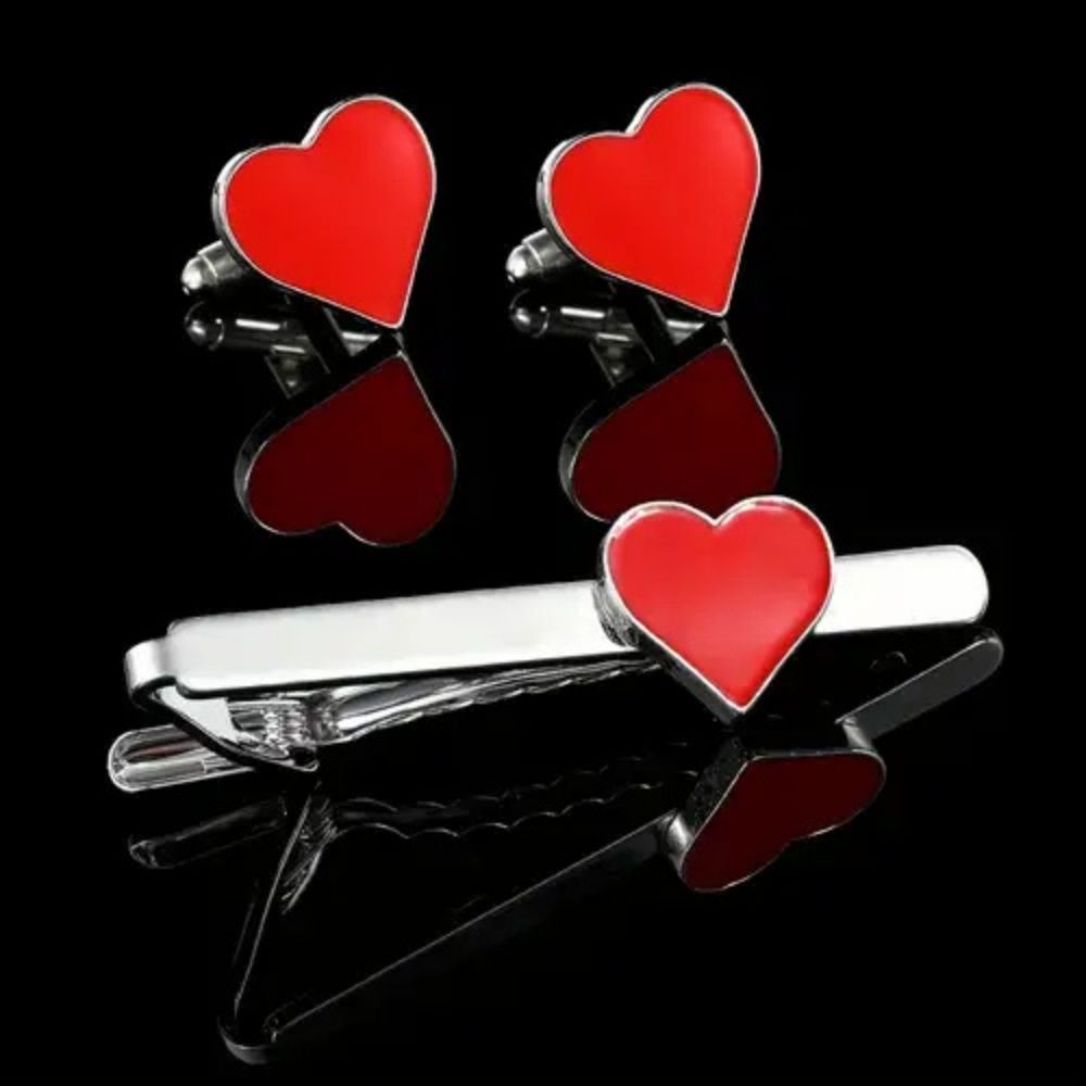 Moskai Heart Cufflink & Tie Clip Combo | Red & Black Heart Set | Valentine Love Collection Gift for Him