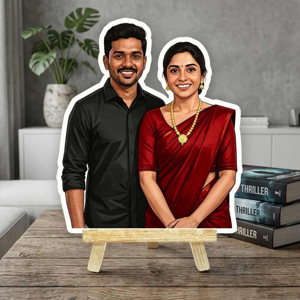 Moskai Indian Couple Theme Personalised Caricature on Easel Stand – Custom Photo Portrait Gift