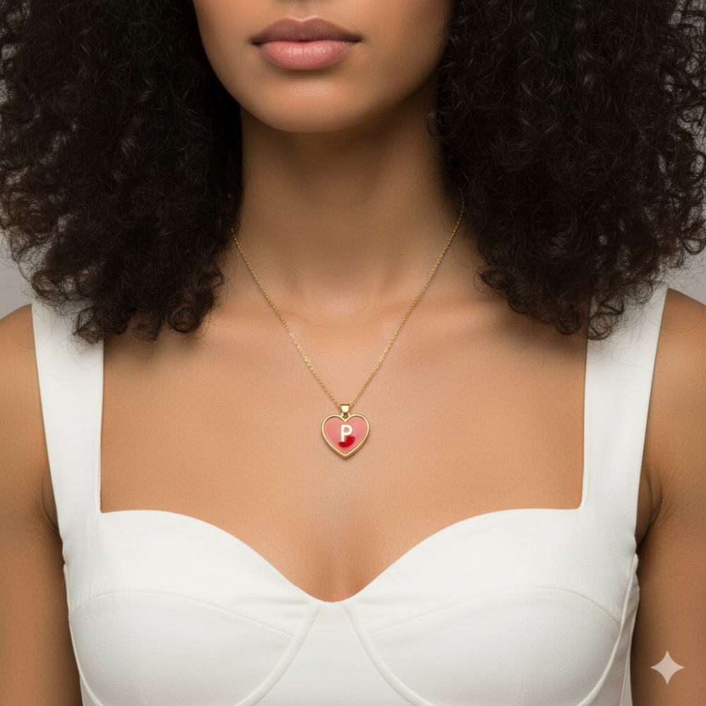 Moskai Love Collection Personalized Initial Red Heart Enamel Pendant
