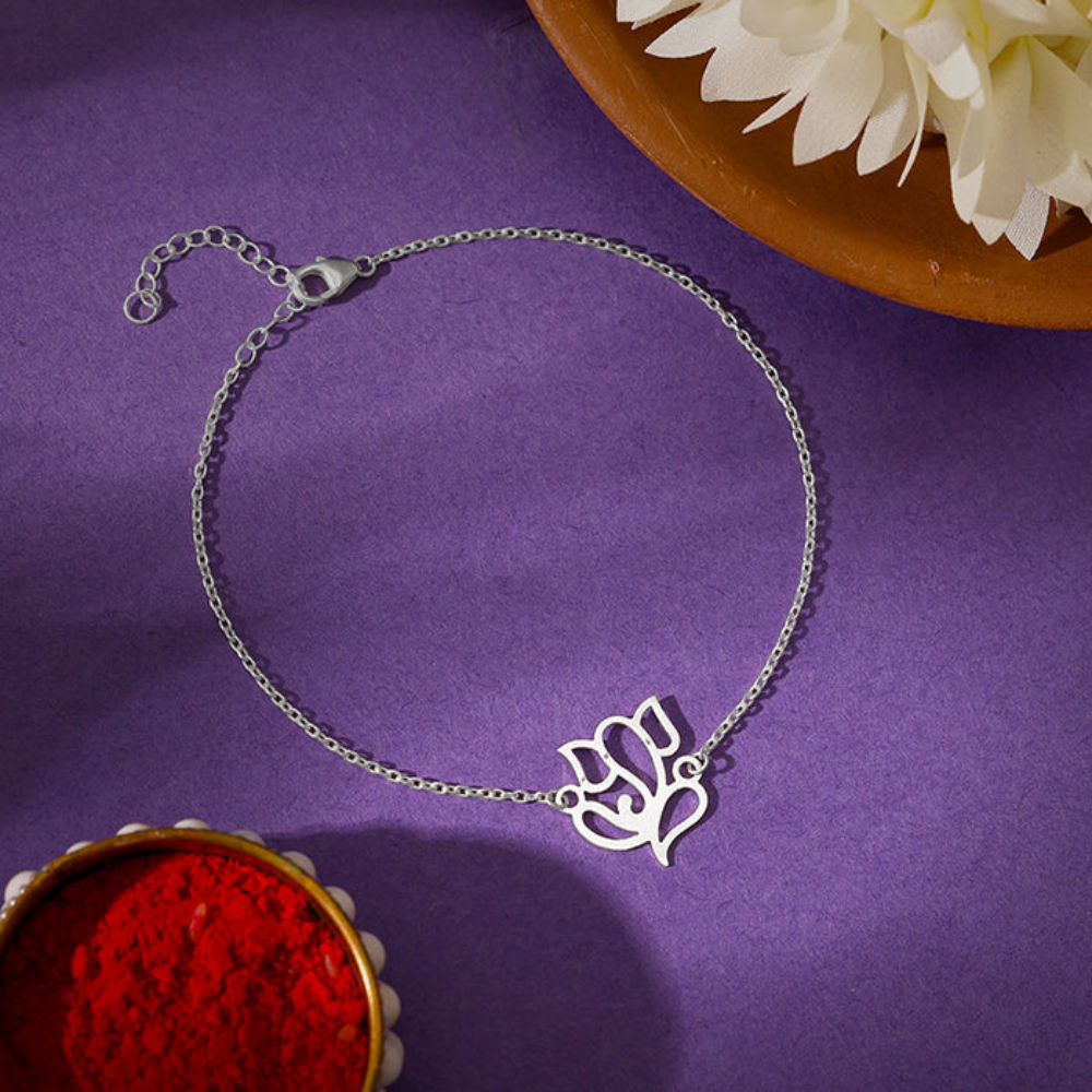Moskai Silver Om Rakhi Bracelet for Brother | Minimalist Forever Rakhi with Adjustable Chain
