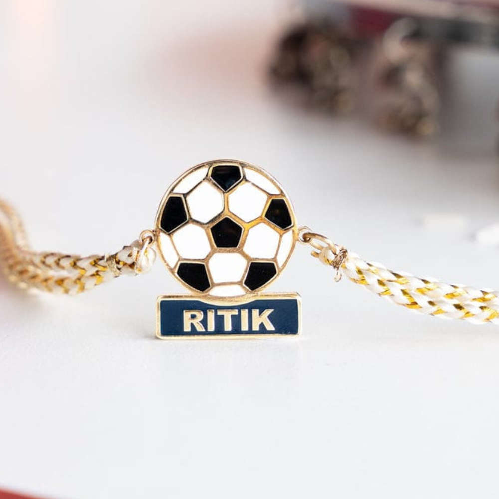 Personalized Football Theme Name Rakhi with 18K Gold Plating for Brother