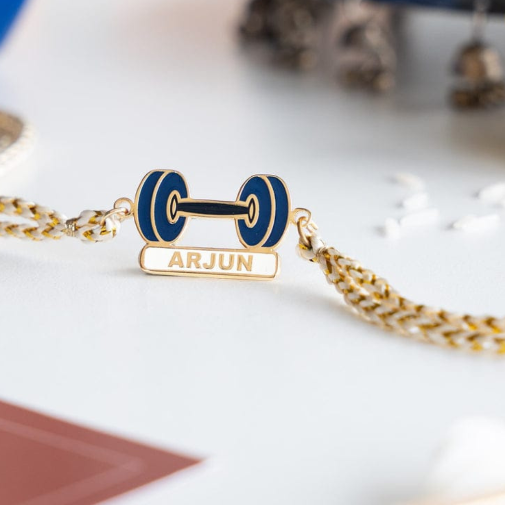 Personalized Fitness Freak Name Rakhi with 18K Gold Plating for Gym Lover Brother