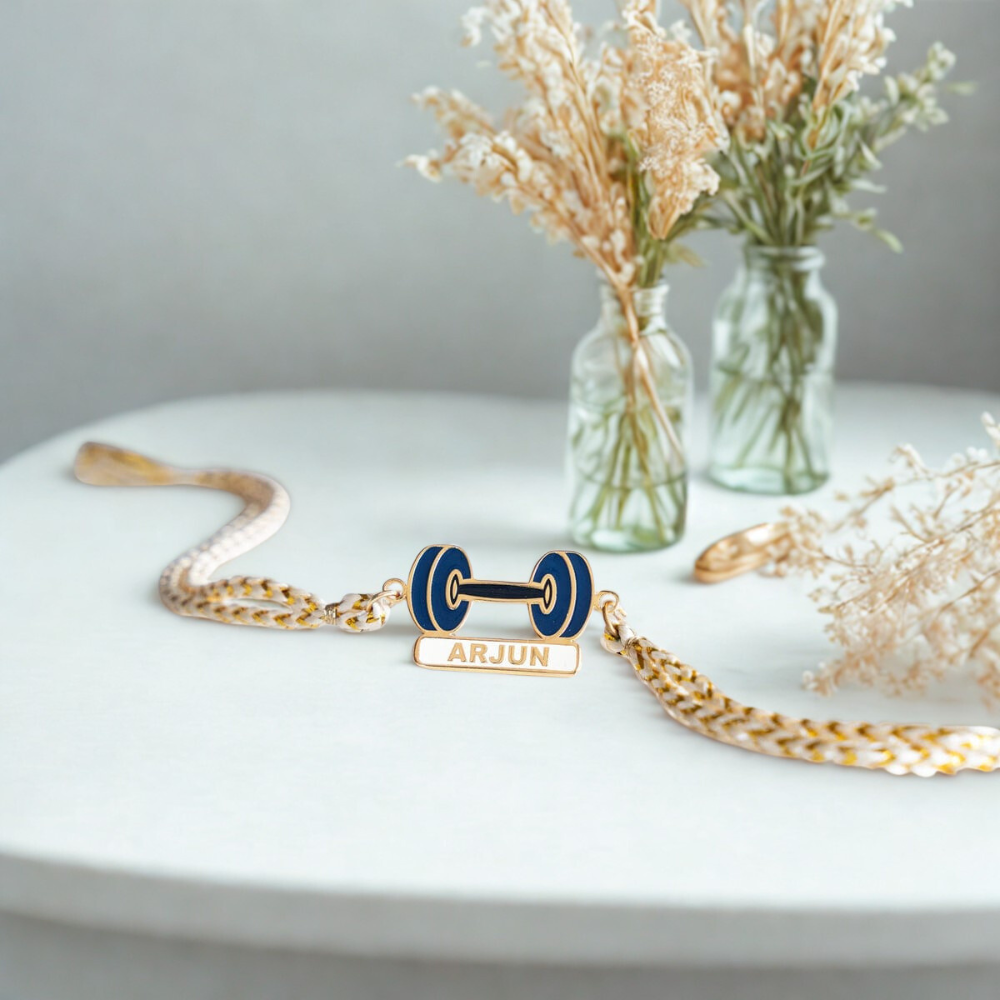 Personalized Fitness Freak Name Rakhi with 18K Gold Plating for Gym Lover Brother