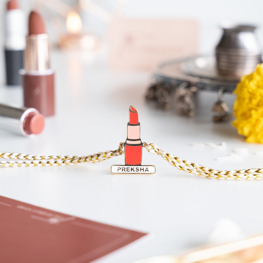Personalized Lipstick Theme Name Rakhi for Bhabhi with 18K Gold Plating