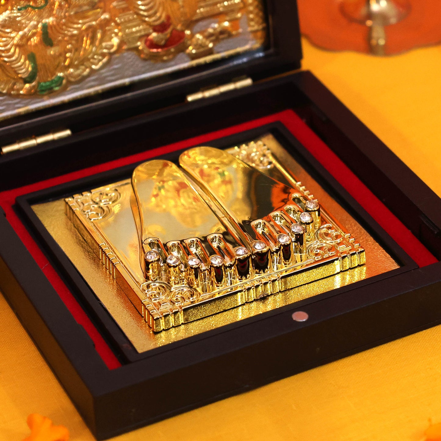 Moskai Golden Laxmi Ganesh Charan Paduka Box with Temple Artwork