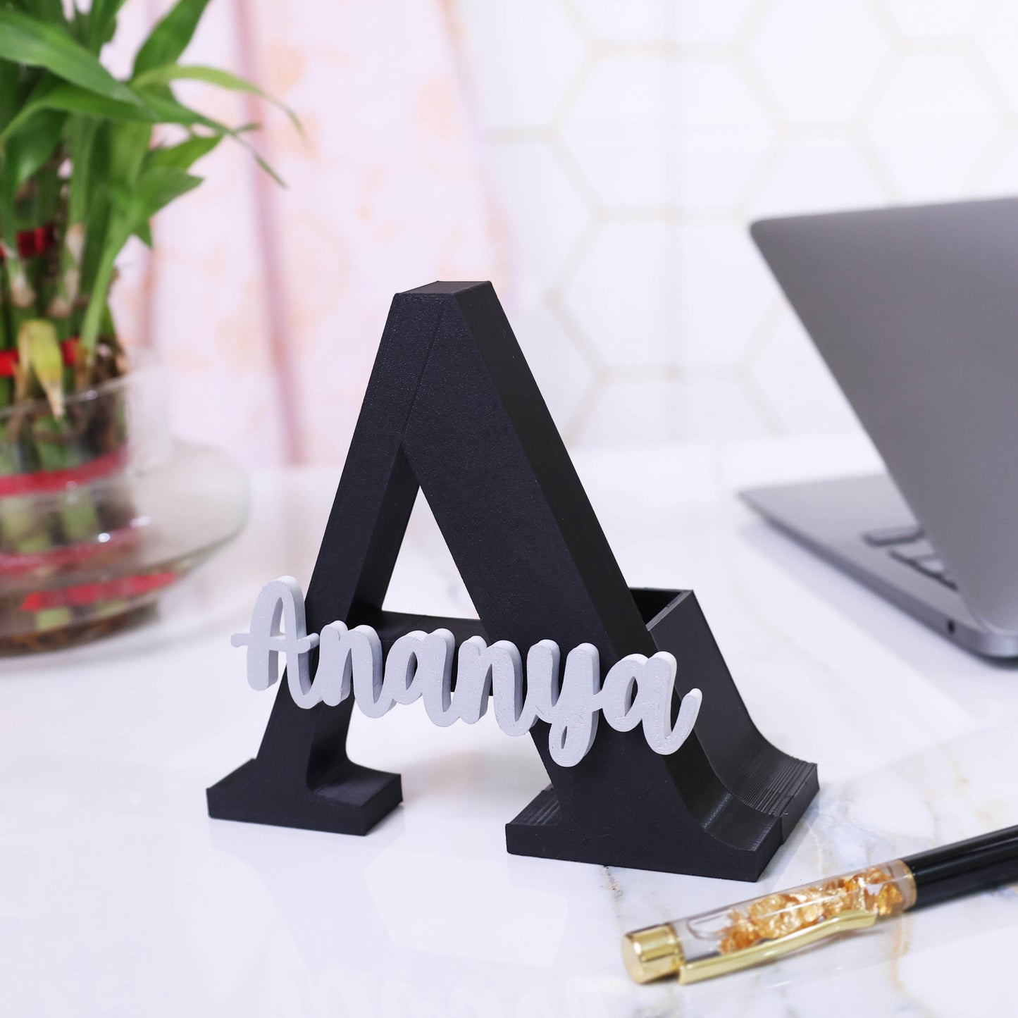 Moskai 3D Black Personalized Name Pen Stand for Desk and Office Decor
