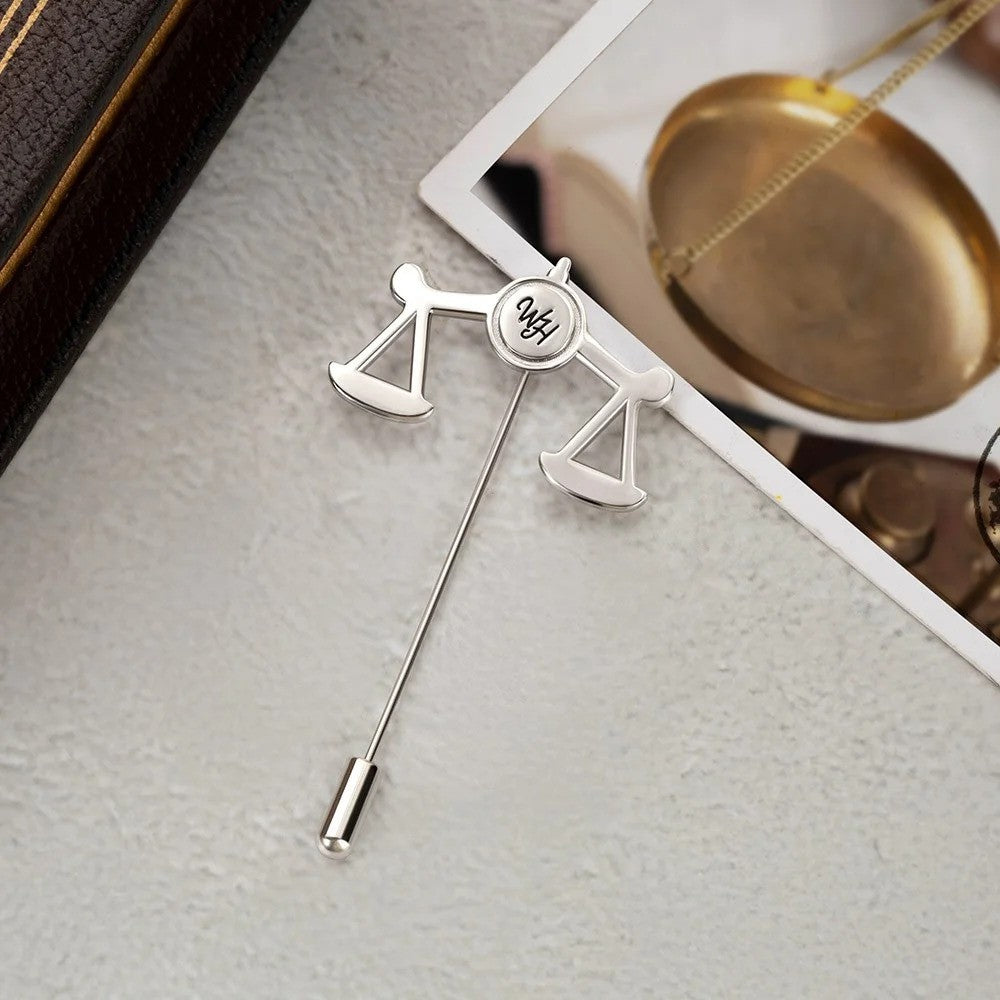 MOSKAI Personalized Scales of Justice Lapel Pin with Initials | Custom Lawyer Brooch