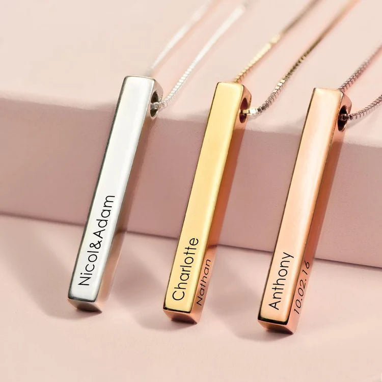 22K Plated Engraved Cuboid Memory Bar Necklace