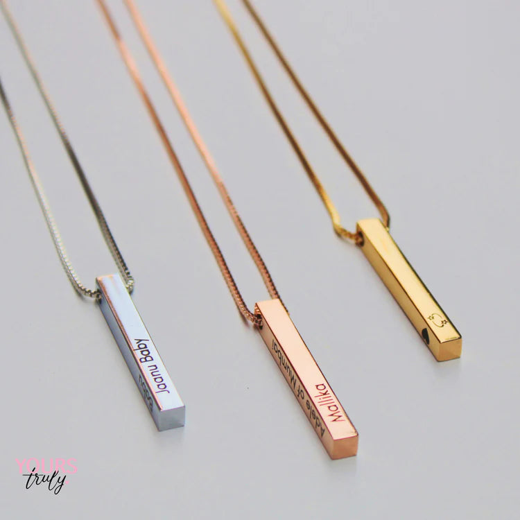 22K Plated Engraved Cuboid Memory Bar Necklace