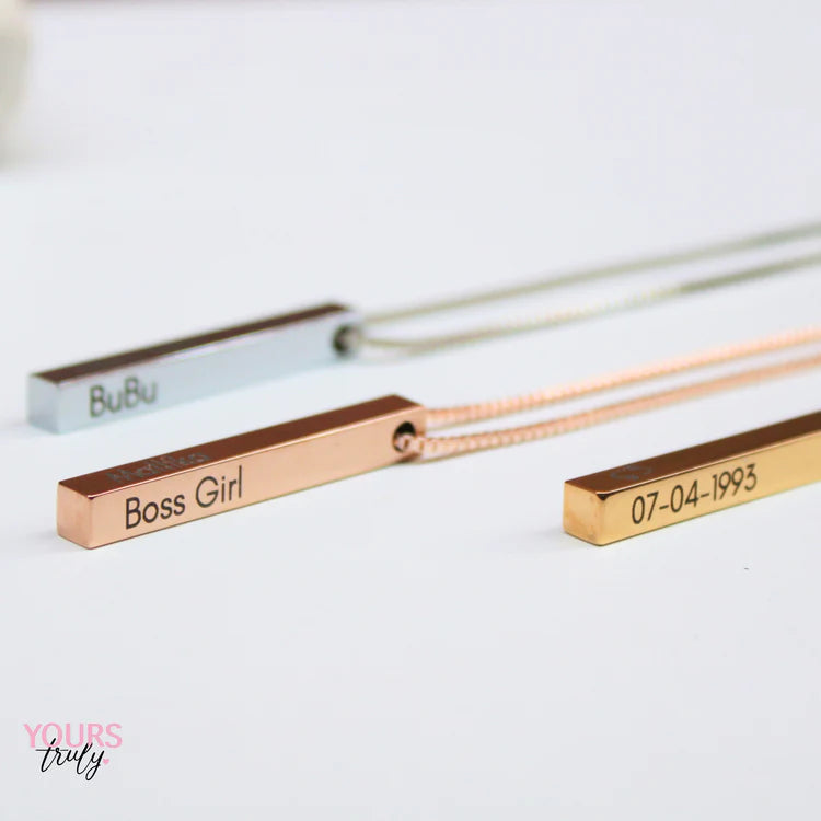 22K Plated Engraved Cuboid Memory Bar Necklace