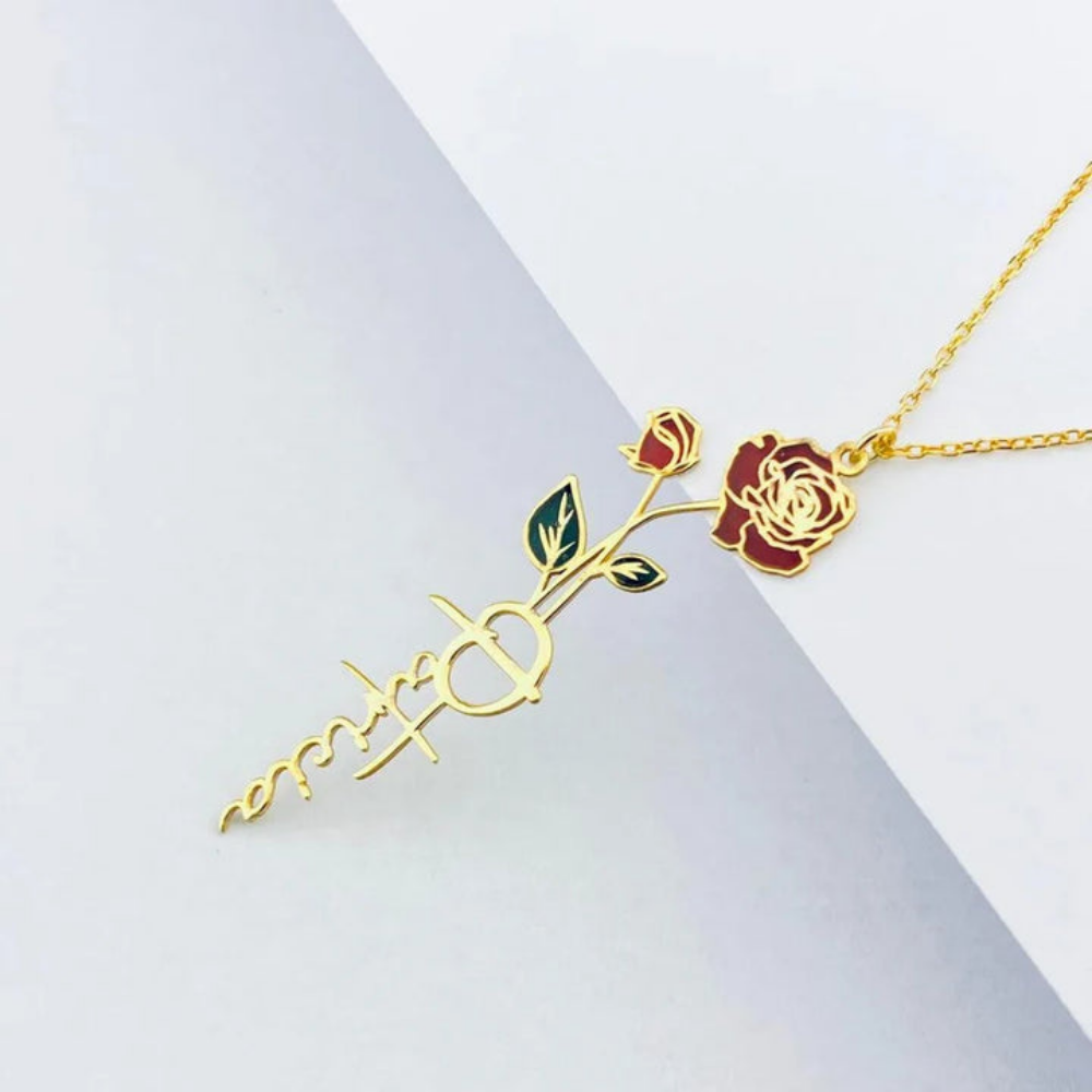Personalised Vertical Name & Rose Pendant Necklace | Moskai Valentine's Gift