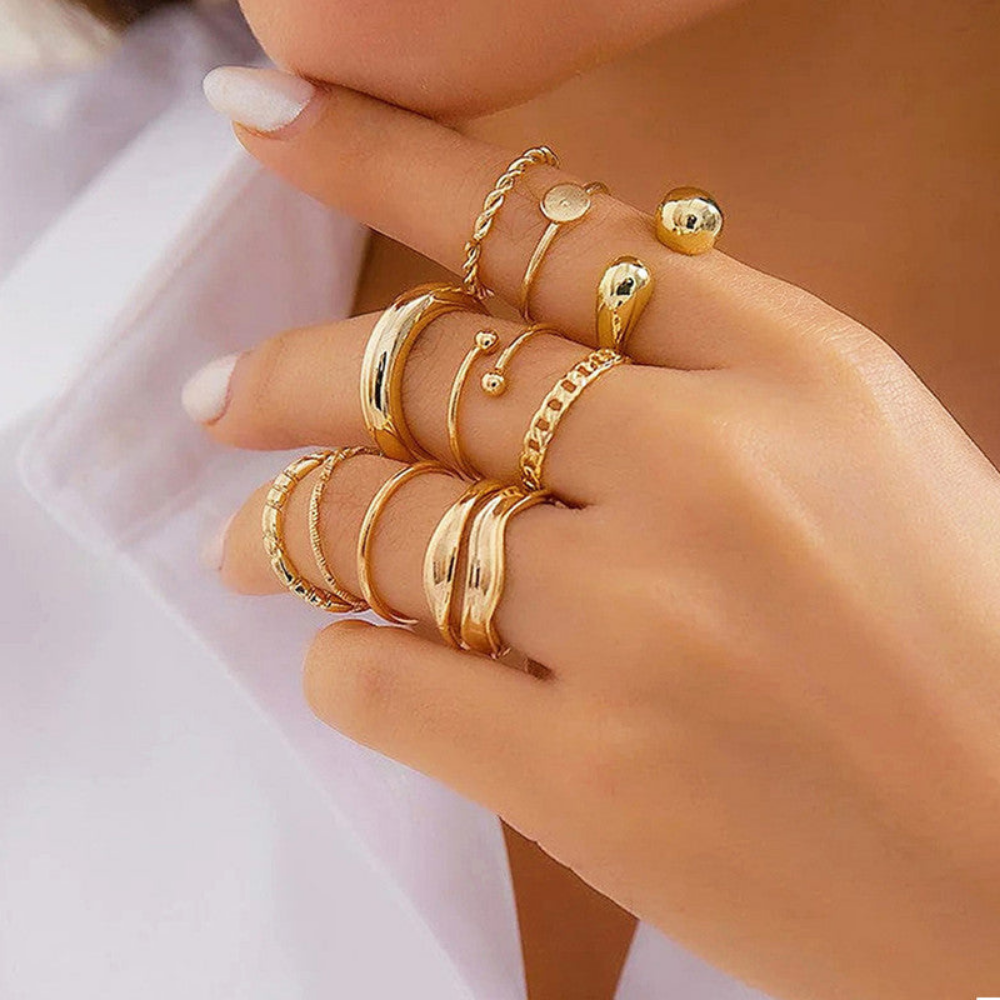 MOSKAI Gold Plated Stackable Rings Set of 10 | Trending Finger Rings Combo