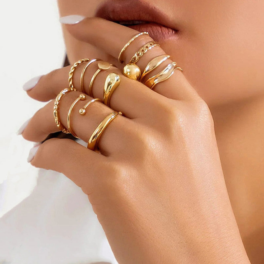MOSKAI Gold Plated Stackable Rings Set of 10 | Trending Finger Rings Combo