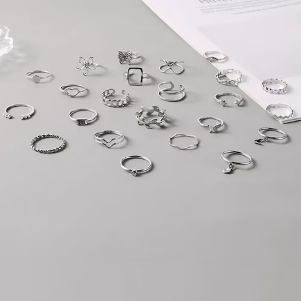 MOSKAI Silver Plated Stackable Rings Set of 23 | Elegant Fashion Jewelry