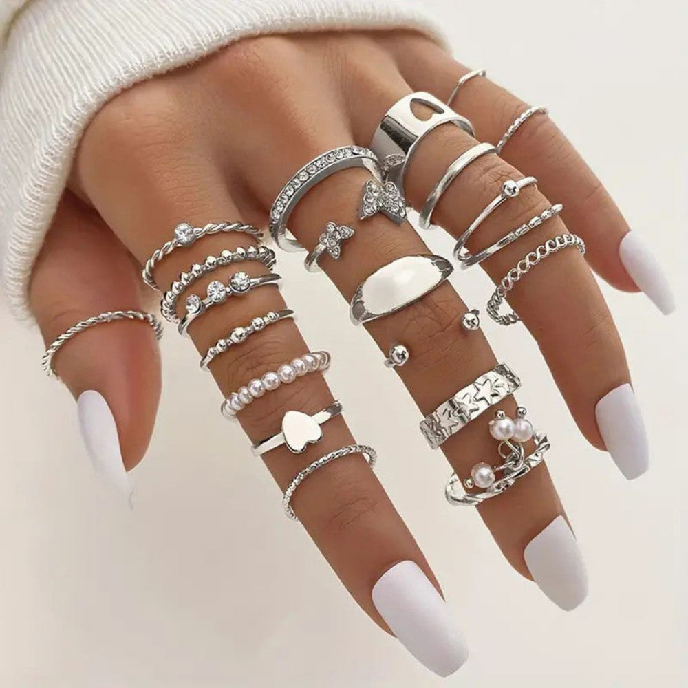 MOSKAI Silver Plated Stackable Rings Pack of 21 | Versatile Ring Combo