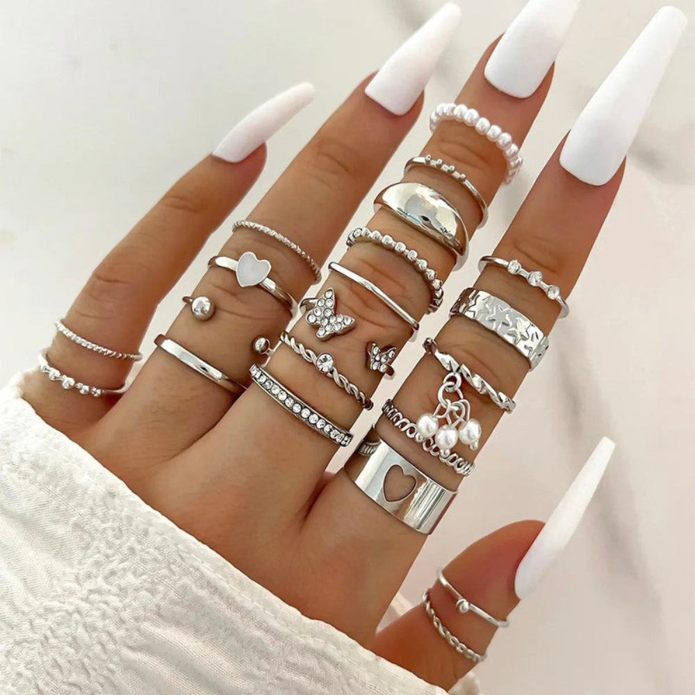 MOSKAI Silver Plated Stackable Rings Pack of 21 | Versatile Ring Combo