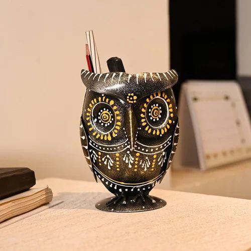 Mosaki Iron Antique Painted Owl Pen Stand