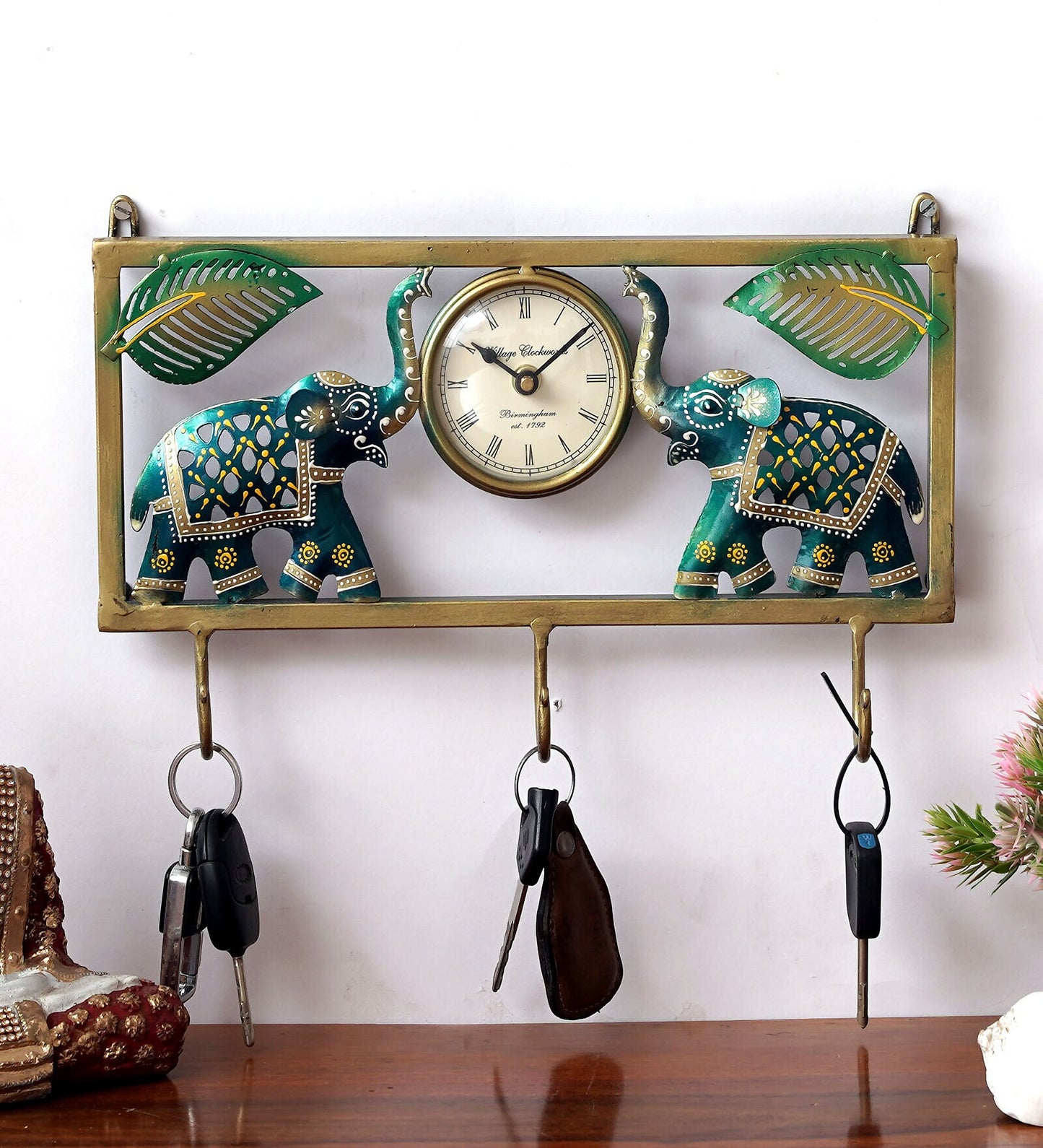 Mosaki Metal Elephant with Clock Key Stand | Wall Décor