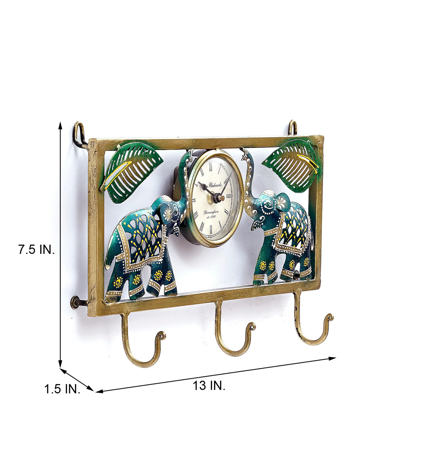 Mosaki Metal Elephant with Clock Key Stand | Wall Décor