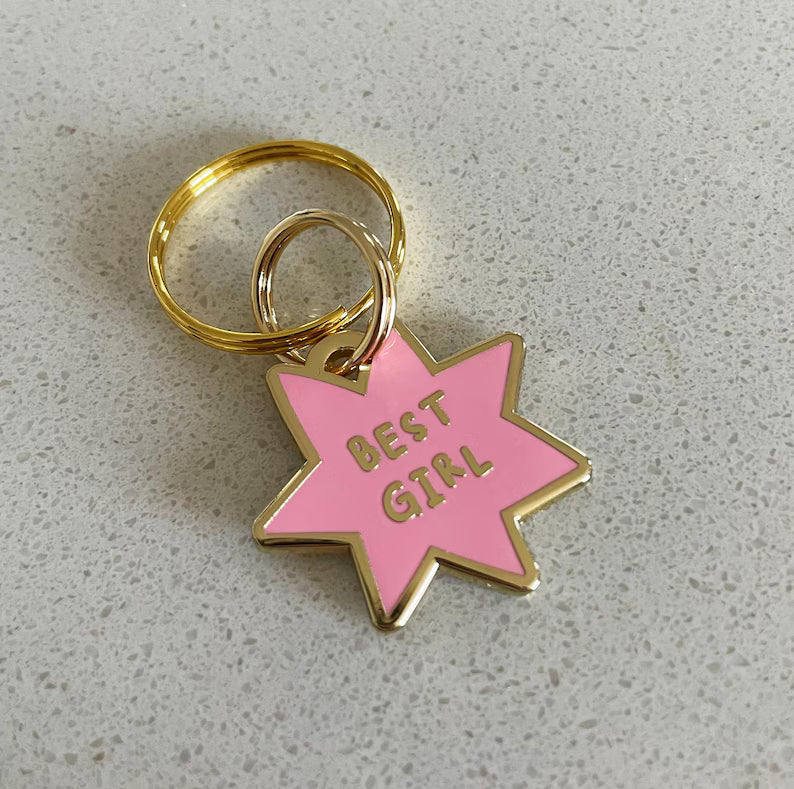 Moskai “Best Girl” Pink Enamel Pet ID Tag – Engraved Dog & Cat Name Tag